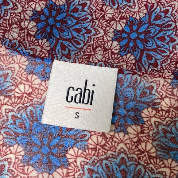 Cabi Burgundy & Blue Sleeveless Sheer Fan Blouse Women's Size Small - Picture 6 of 16